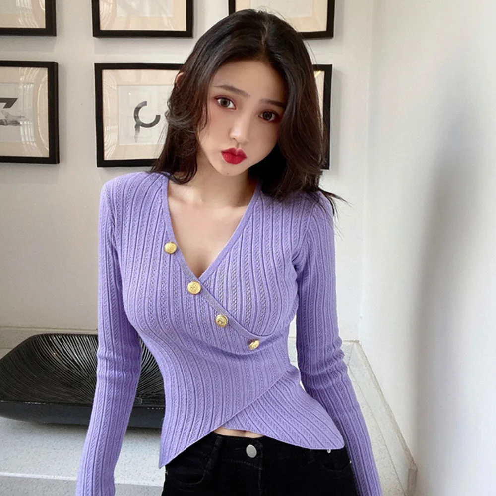 

Irregular Sexy V-Neck Long Sleeve Pullover Knitted Sweater Women 2022 Winter Sweaters Chic Knitwear Korean Woman Clothes Fall