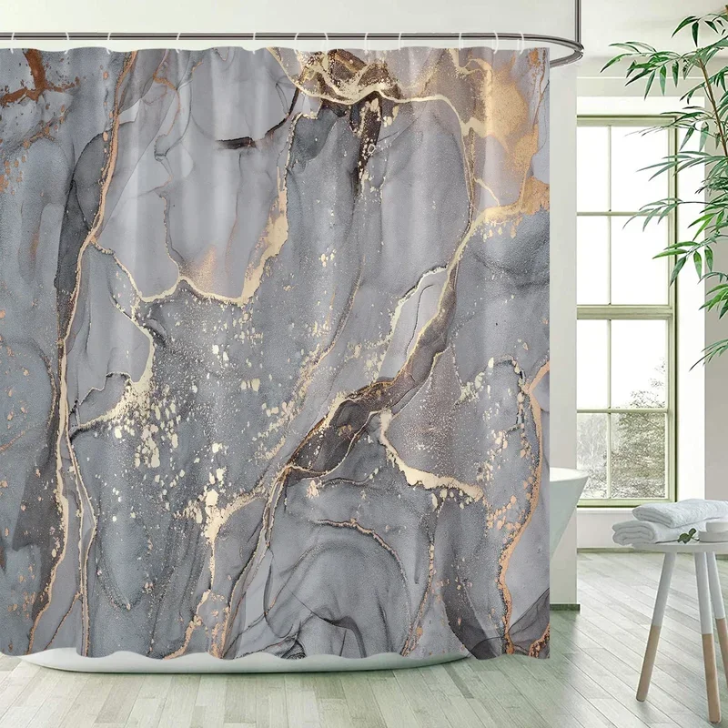 Gray Golden Crackle Marble Shower Curtain Set Modern Creative Marble Texture Fabric Bathroom Decor Curtain and Non-Slip Bath Mat