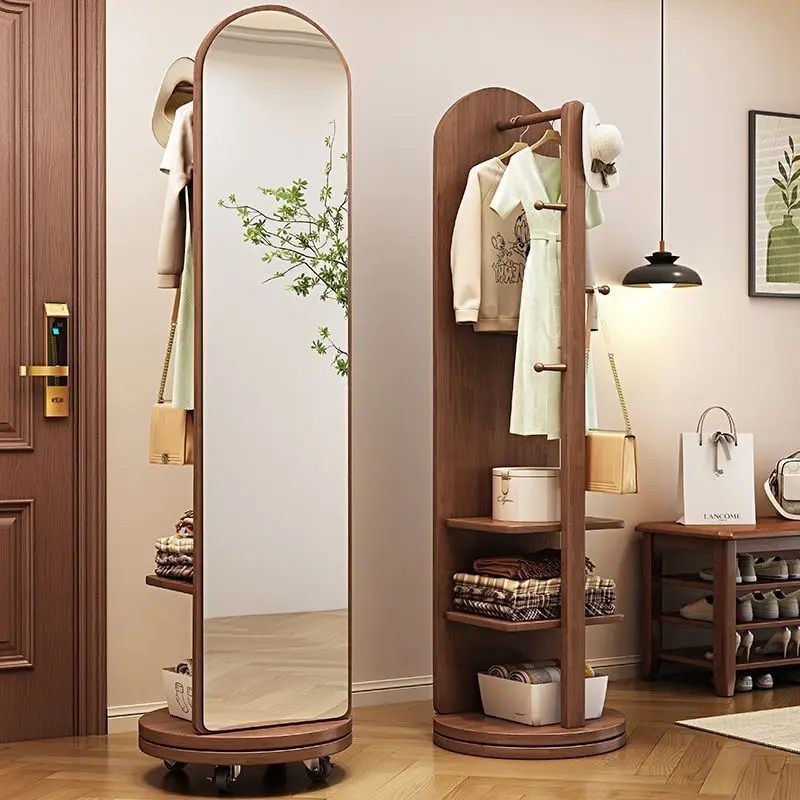 Solid wood coat rack, household shelf, floor-to-ceiling bedroom, simple shoe rack, hanger, movable rotating full body mirror