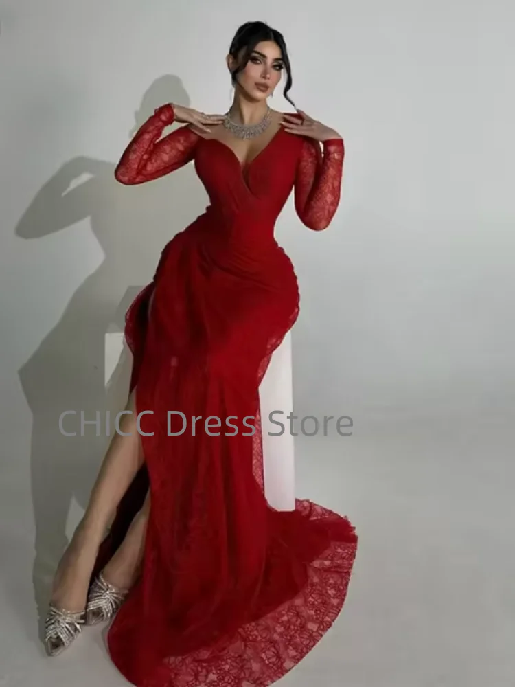 Abiti da sera in pizzo Sweetheart manica lunga abito da ballo rosso sirena abito da festa per invitati a un matrimonio abito per occasioni speciali personalizzato