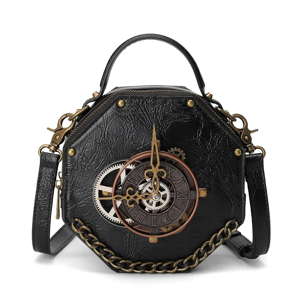 

New Gothic Leather Clock Bag Steampunk Shoulder Bags Vintage Women Handbags Messenger Crossbody Bag Ladies Rivet Top-Handle Bags