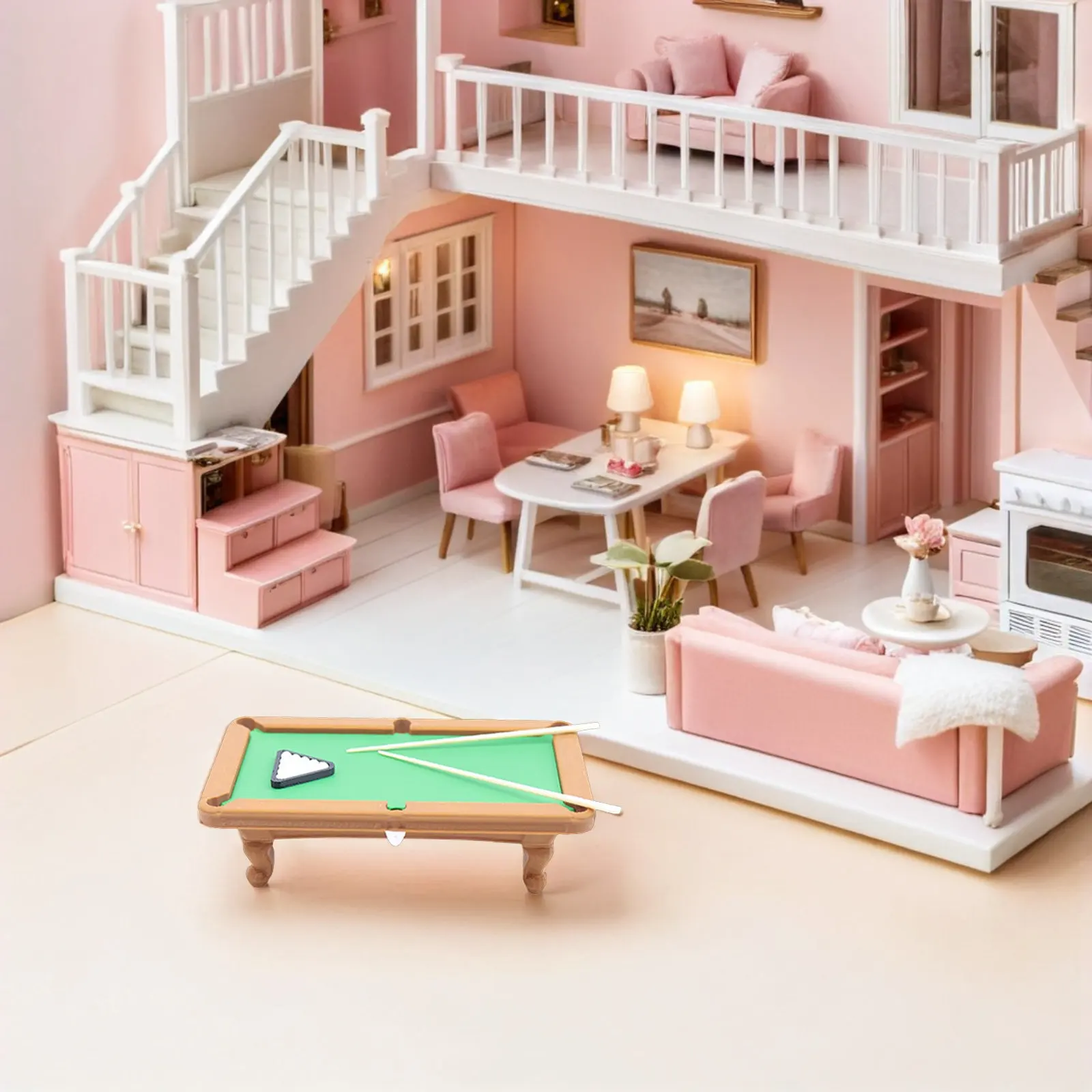 

1Set Realistic 1:12 Scale Mini Pool Table Set for Dollhouse Game Room Decor with Mini Cues Balls Smooth Rolling Surface High