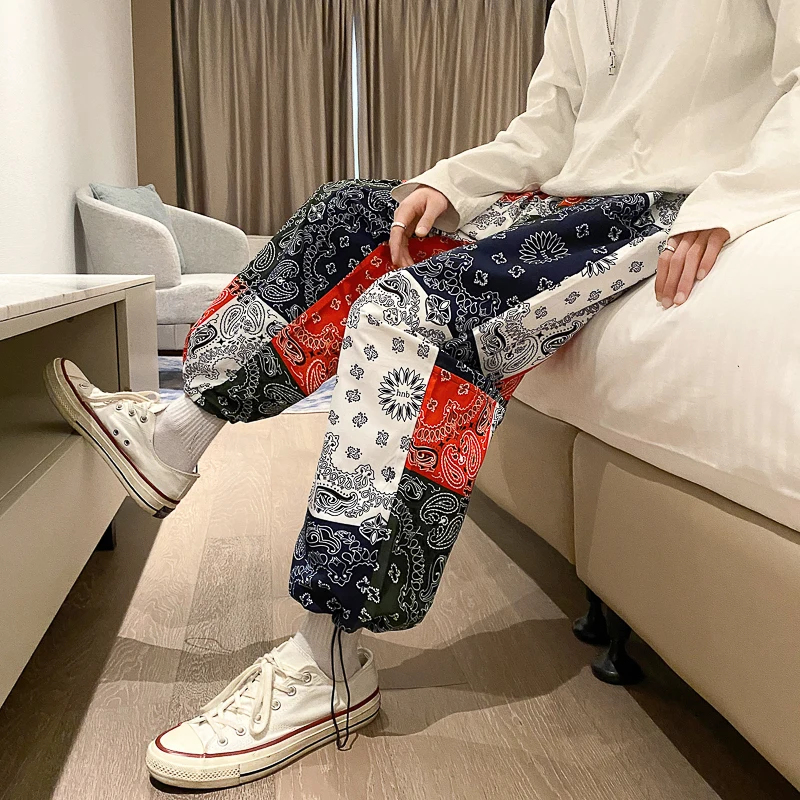 Oversized Pants Men Paisley Trousers Fashion Hip Hop Jogging Pants Male Loose Casual Sweatpants New Streetwear Black Red