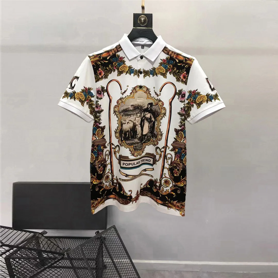 European and American men\'s wear summer 2022 new  Short sleeve lapel print for court figure  Fashion cotton T-shirt