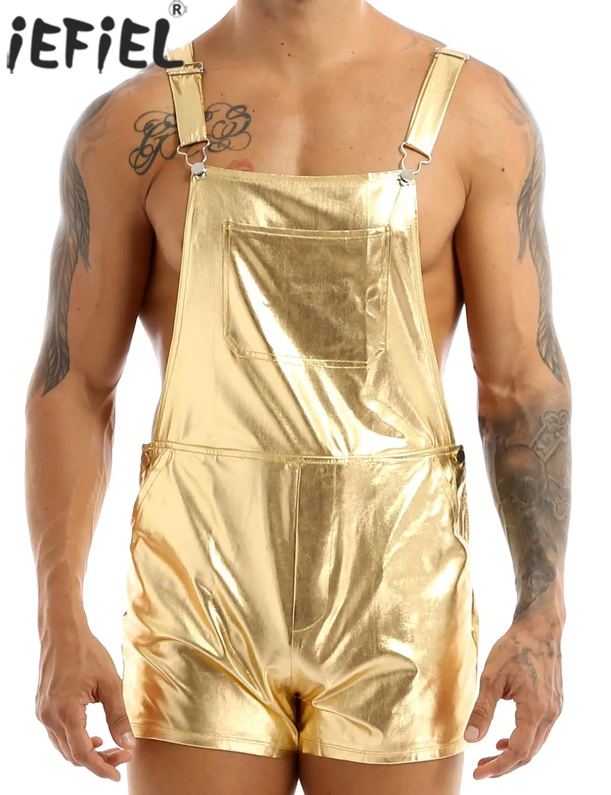 

Mens Shiny Metallic Bib Overall Suspender Shorts Jazz Hip Hop Leotard Dance Costumes Dungarees Overall Suspender Jumpsuit Romper