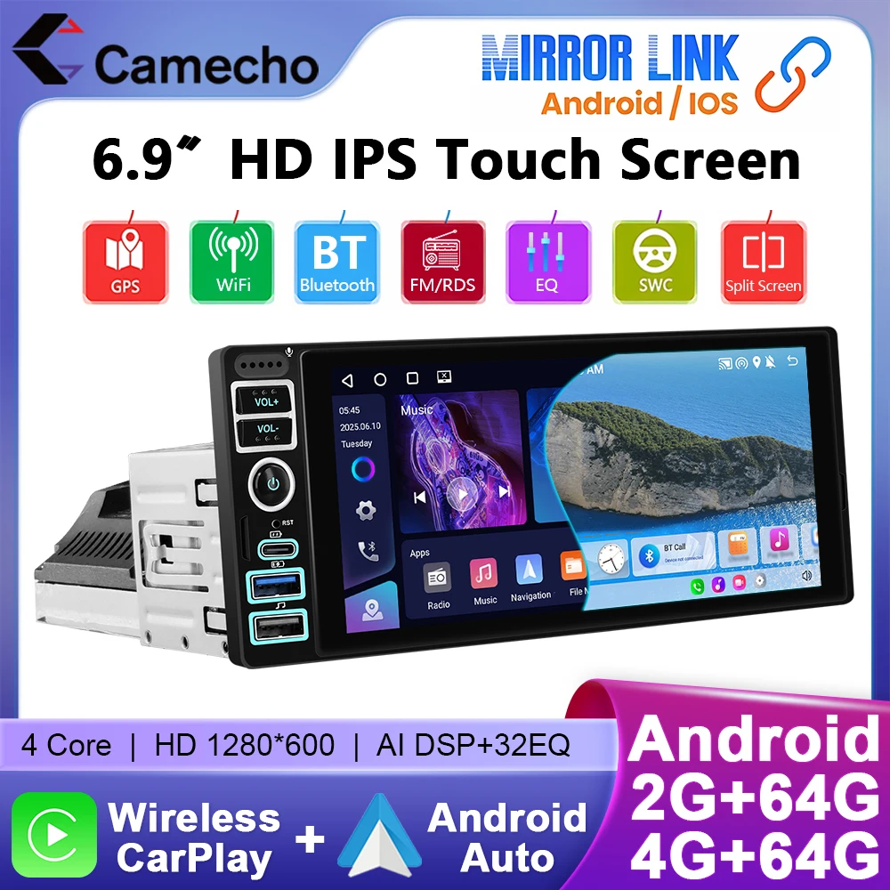 Camecho 4 + 64G 6.9 ''Schermo IPS Autoradio 1 Din Android Auto Stereo Navigazione GPS Carplay Android Auto WIFI Tipo-C 2USB Autoradio