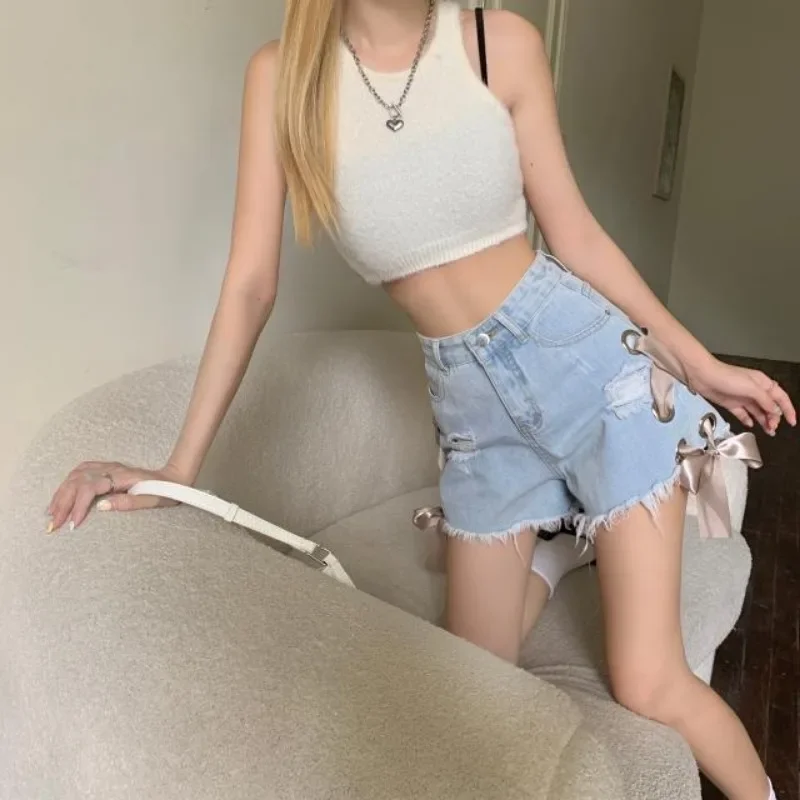 짧은 진 바지 여자 찢어진 넓은 데님 반바지 여성을위한 신축성있는 탄성 흐르는 Jorts 여름 2000 년대 옷 Y2k Hot streetwear