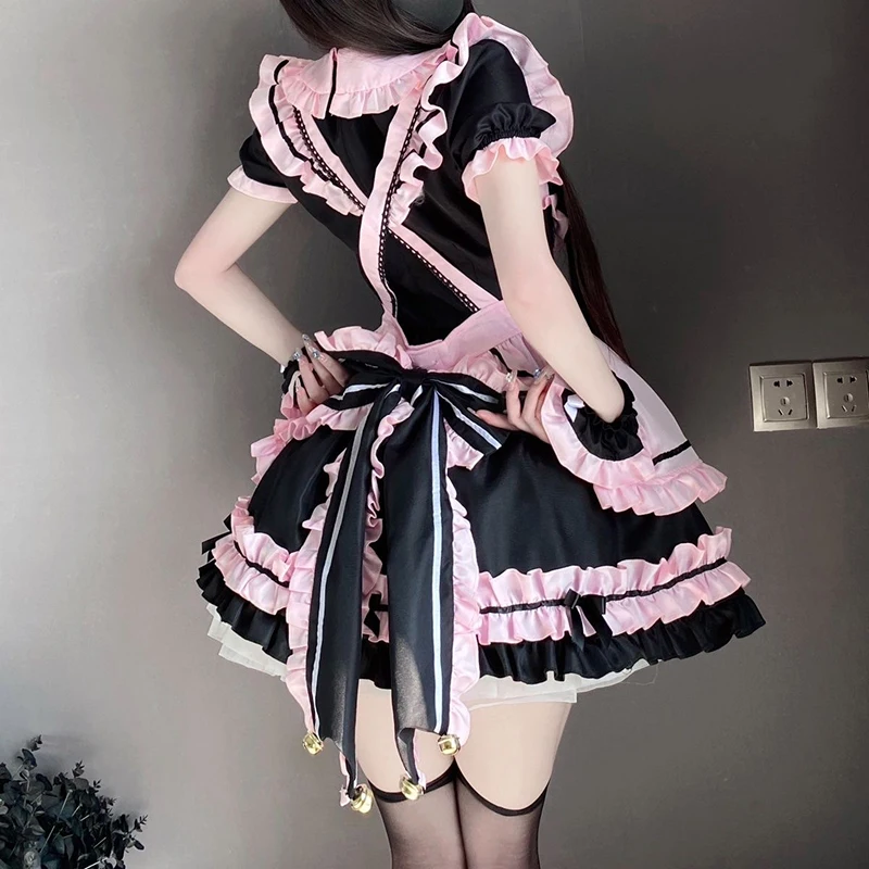 Harajuku Black And Pink Maid Outfit Kawaii Lolita Dress Femme Cos Sweet Girly Cat Bow Suit Birthday Prom Short Dresse Girl Women