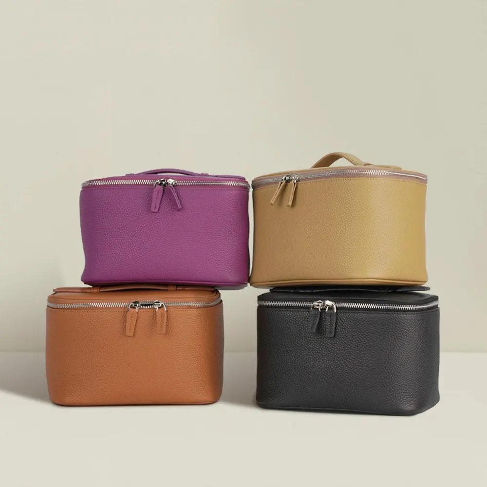 Unisex Top Layer Makeup Large Capacity Portable Fashion Genuine Leather Waterproof Toiletry Cowhide Storage Cosmetic Bag Case