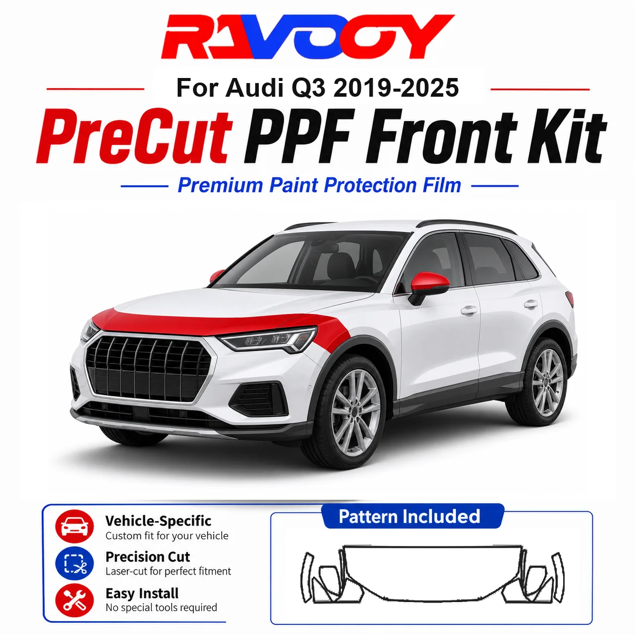 

8.5mil TPU Precut PPF Kit For Audi Q3 2019-2025 - Hood, Partial Fenders & Full Mirror Set - Self-Healing Gloss Clear Bra Film