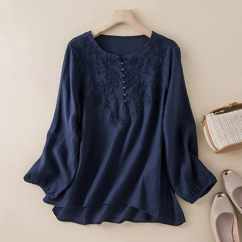 بلوزة كاجوال من القطن والكتان قمصان على الموضة الكورية بلوزات وبلوزات كبيرة الحجم بأكمام طويلة وأزرار مطرزة بلوزات فضفاضة بياقة دائرية