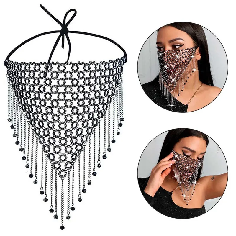 Sequins Shiny Rhinestone Face Mask Bling Tassel Veil Mask Reusable Metal Crystal Dance Face Veil Masquerade Party Face Jewelry