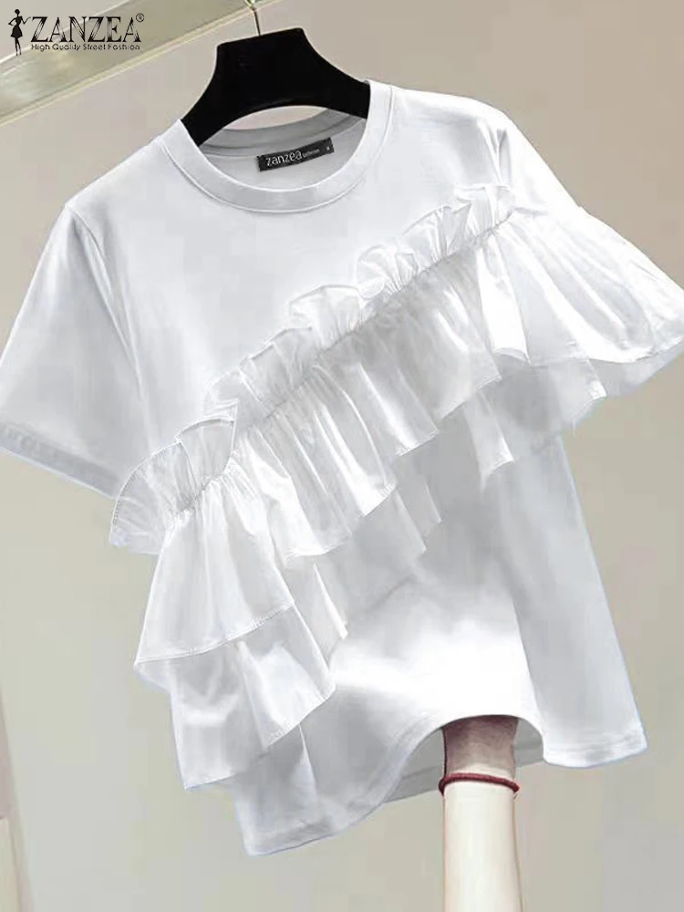 ZANZEA Women Ruffled Stitching Blouse 2024 Summer Short Sleeve T-shirt Fashion Holiday O-neck Tops Solid Casual Loose Tops Femme