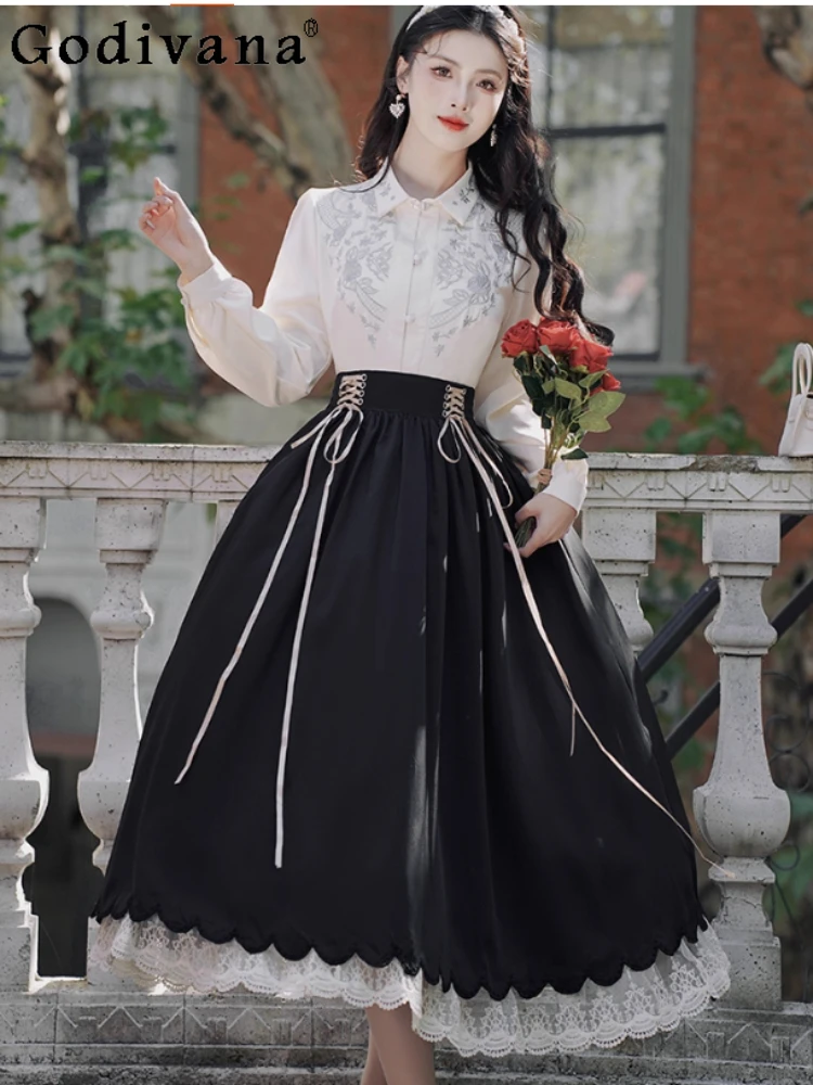 

French Retro Embroidery Long Sleeve Loose Sweet Shirt Fashion Versatile Age Reducing Lace Big Swing Long Lolita Lace Up Skirt