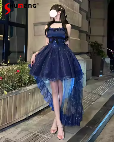 Sparkling Blue Lolita Dresses Jsk Sweet Princess Slim-Fit Elegant Long Trailing Evening Dress Women's Flower Wedding Dress