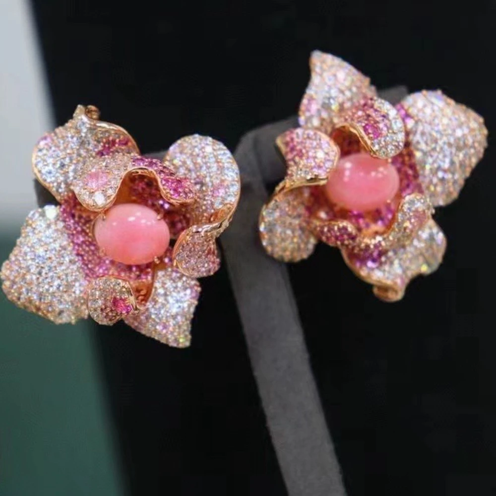 

KQDANCE Luxury Large Solid 925 Silver Natural Gemstone Pink Conch Pearls Gold Plated Women's Flower Earrings Jewelry Gifts