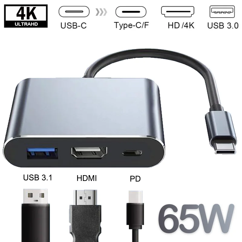 USB Type C to HDMI-Compatible Splitter Adapter 3 IN 1 4K HDMI USB 3.0 PD Fast Charging Adapter For Samsung iPhone15 MacBook PC