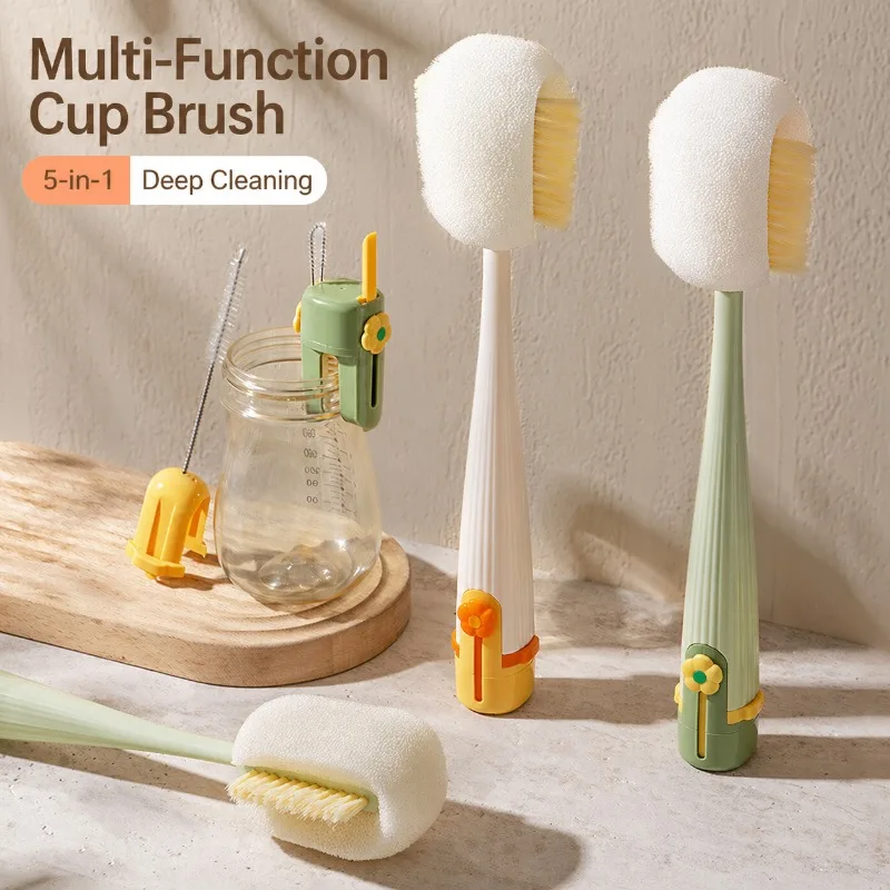 5-in-1 Long Handle Mug Scrubber Household Washer for Thermos Baby Bottle Sponge Gap Kitchen Drinkware Sanitary Cleaning Tool