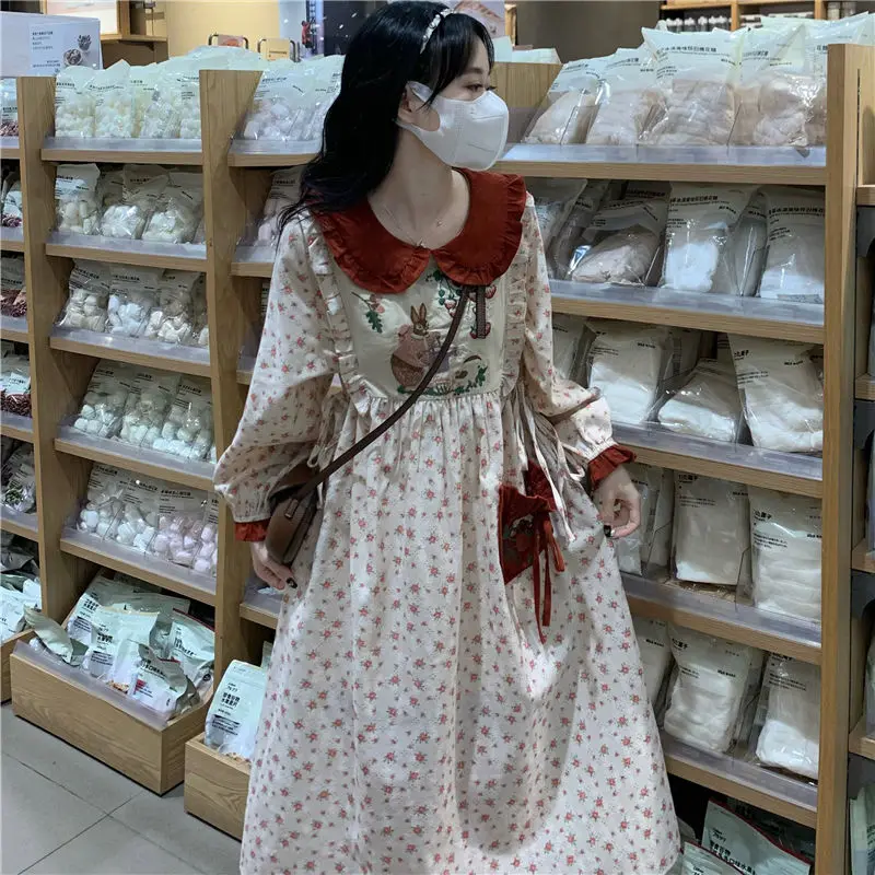 Mori Girl Style Sweet Retro Doll Collar Floral Maxi Dress primavera autunno manica lunga a-line Vintage Kawaii abiti lunghi per le donne