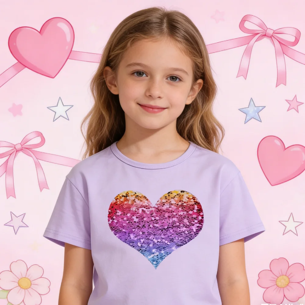 Rainbow heart-shaped children's T-shirt-gradient pattern T-shirt,short sleeved cotton round neck,birthday gift,daily street wear