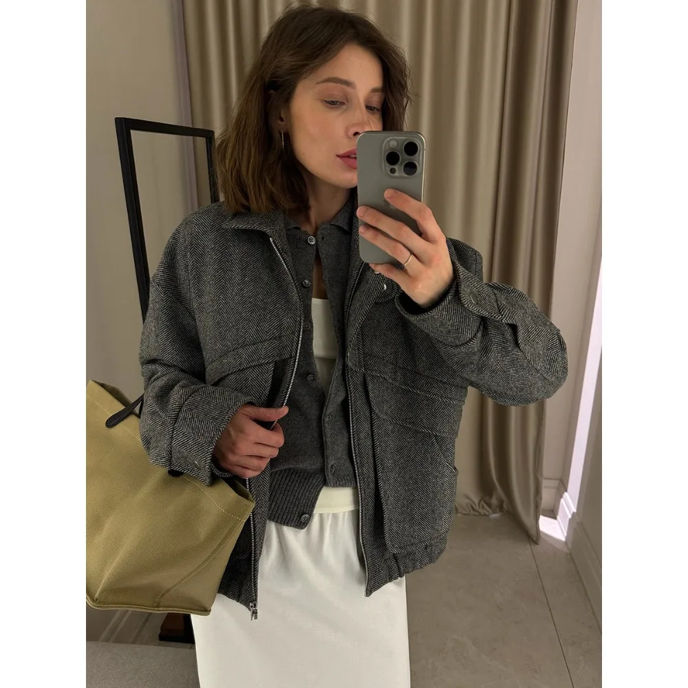 Herringbone Stand-up Collar Jacket New Zipper with Pockets in Autumn and Winter Loose Woolen Unique Texture Fashionable Casual