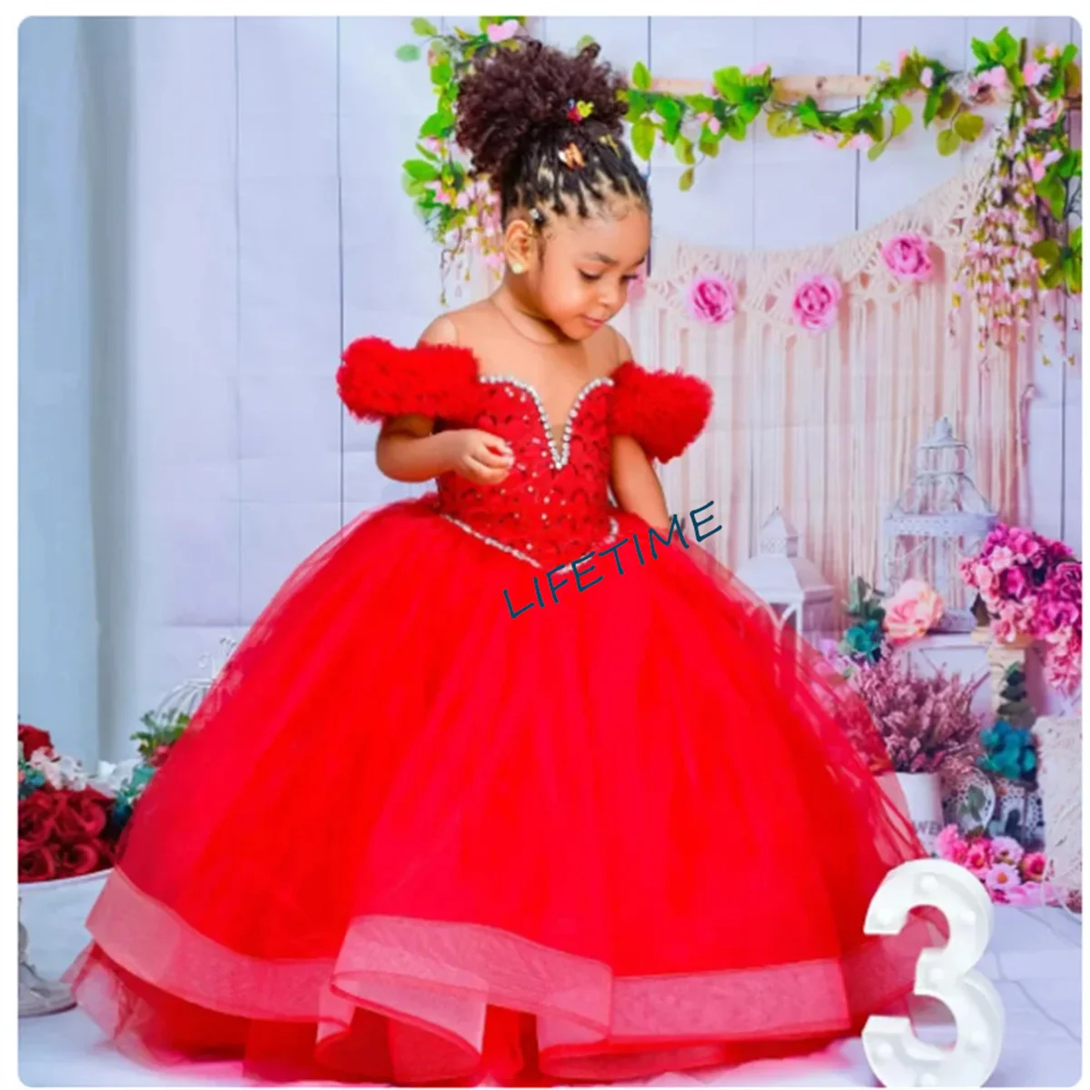 Flower Girl Dresses Red Kids Birthday Sheer Neck Pleated Ruffles Tiered Tulle Ball Gowns for Wedding