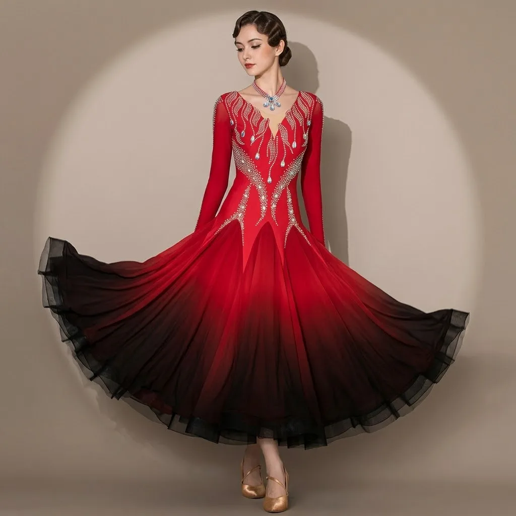 Womenl Rhinestone Mesh Long Sleeve Ribbon Ballroom  Dance Dress Sweetheart Neck Modern Waltz Gradient color Stage Costumes