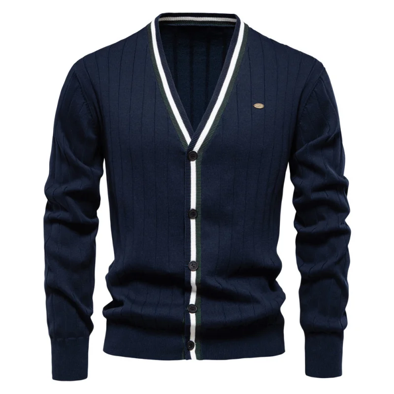 2025 Spring and Autumn New Men's Business Rest V-Neck Striped Breathable Knitted Fabric Versatile Long Sleeve Sweater Jacket