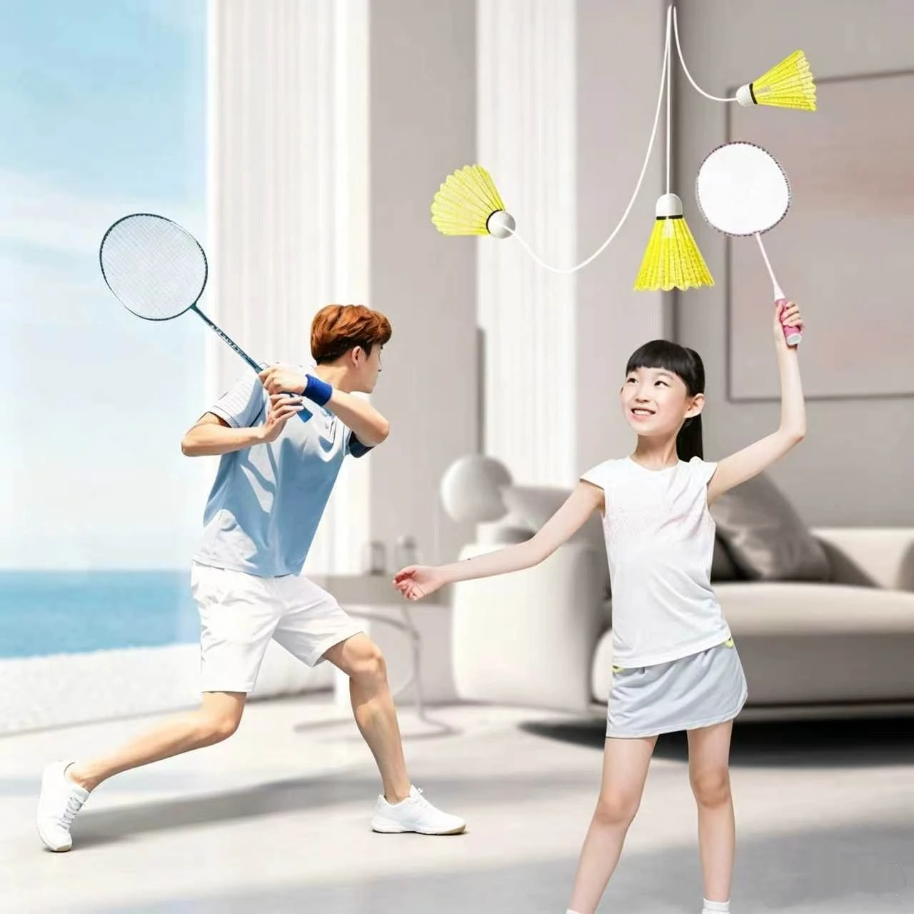 3Pcs Elastic Badminton Set with 1 Racket Portable Individual Trainer with Rebound Line for Indoor Self-Study Swing Practice