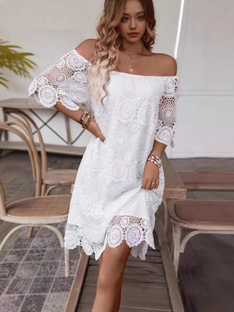 2025 Romantico abito in misto cotone con spalle scoperte Pizzo floreale Midi Vita smock Traspirante Manica a 3/4 Resort Invitato a un matrimonio A-Line