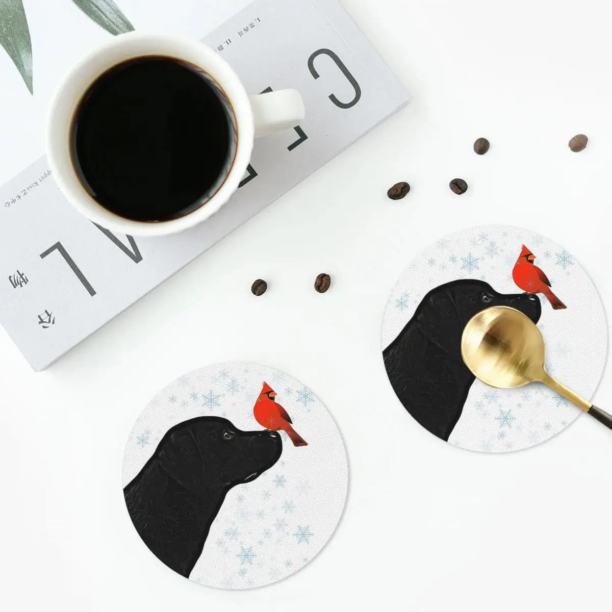 Black Labrador Christmas And Cardinal Bird Coasters PVC Leather Placemats Insulation Coffee Mats for Home Dining Pads Set of 6