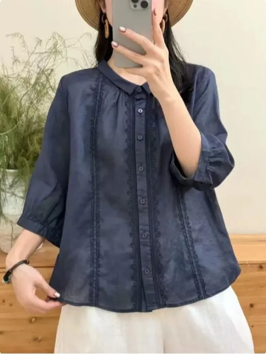 

Slimming Effect Loose Cotton Linen Embroidered Shirt Thin Material Half Sleeve Floral Pattern Business Casual Style Women's S...