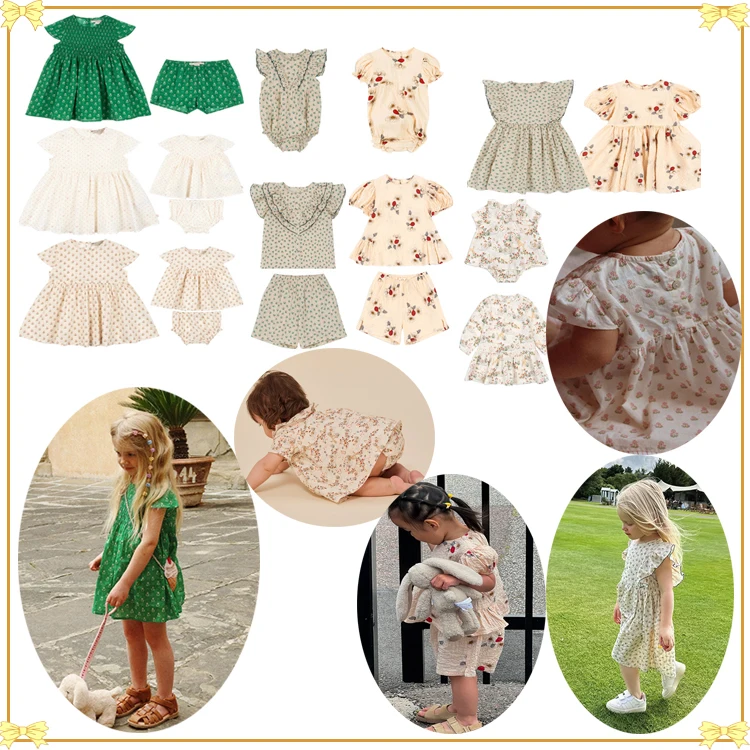Summer 2026 KS Girl Embroidery Floral Printed Dress Baby Flutter Sleeve Embroidery Cherry Tops Shorts Romper Set Vacation Casual