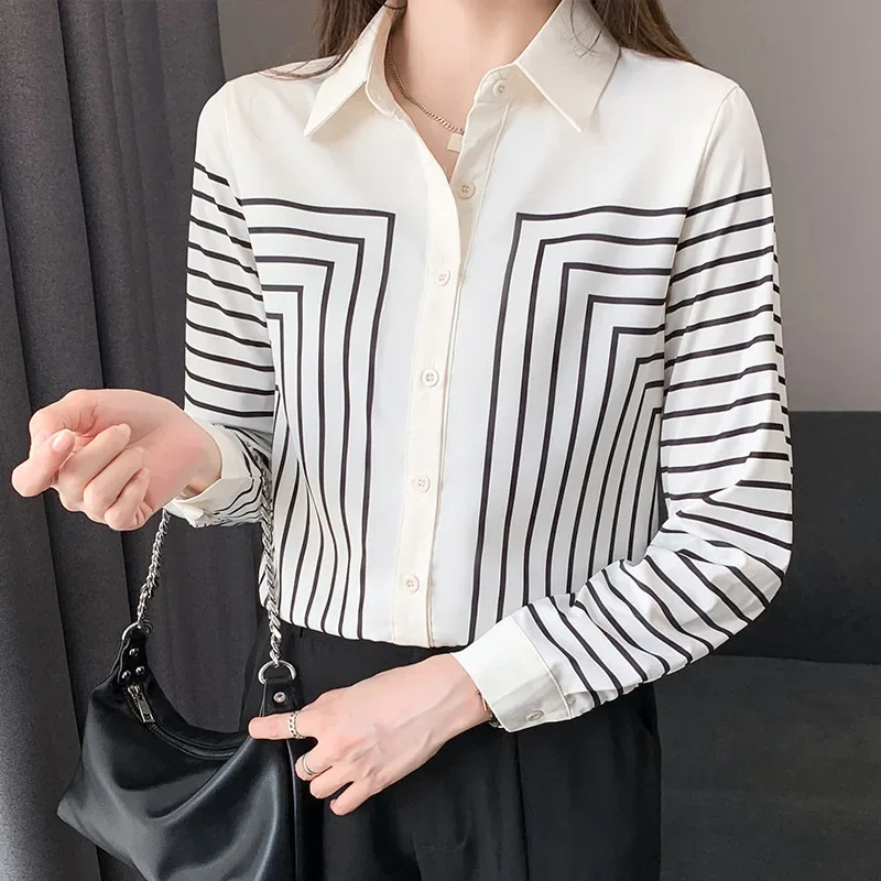 

Hot Sale Fashion Geometry Striped Shirt Women Long Sleeve Office Blouse Korean Style Tops Camisa