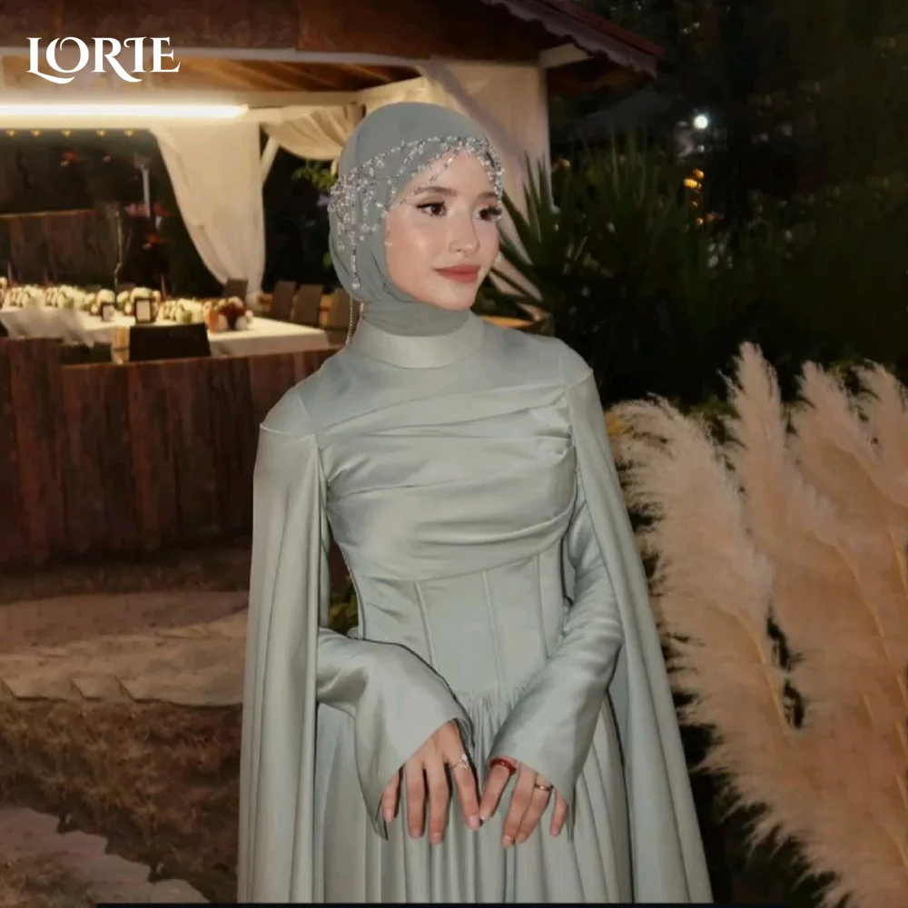 

LORIE Modest Crepe Evening Dress Pleats Puff Long Sleeve Floor Length Prom Dresses Ruched Illsion Arabia Party Gowns Customized