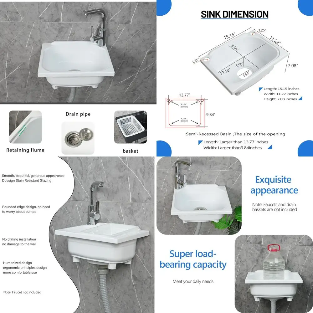 

15.1 x 11.2 Wall-Mounted Kitchen Sink with 1.26 Faucet Hole, Plastic Utility Basin for Home, Restaurant, Dorm, Garage, and Laund