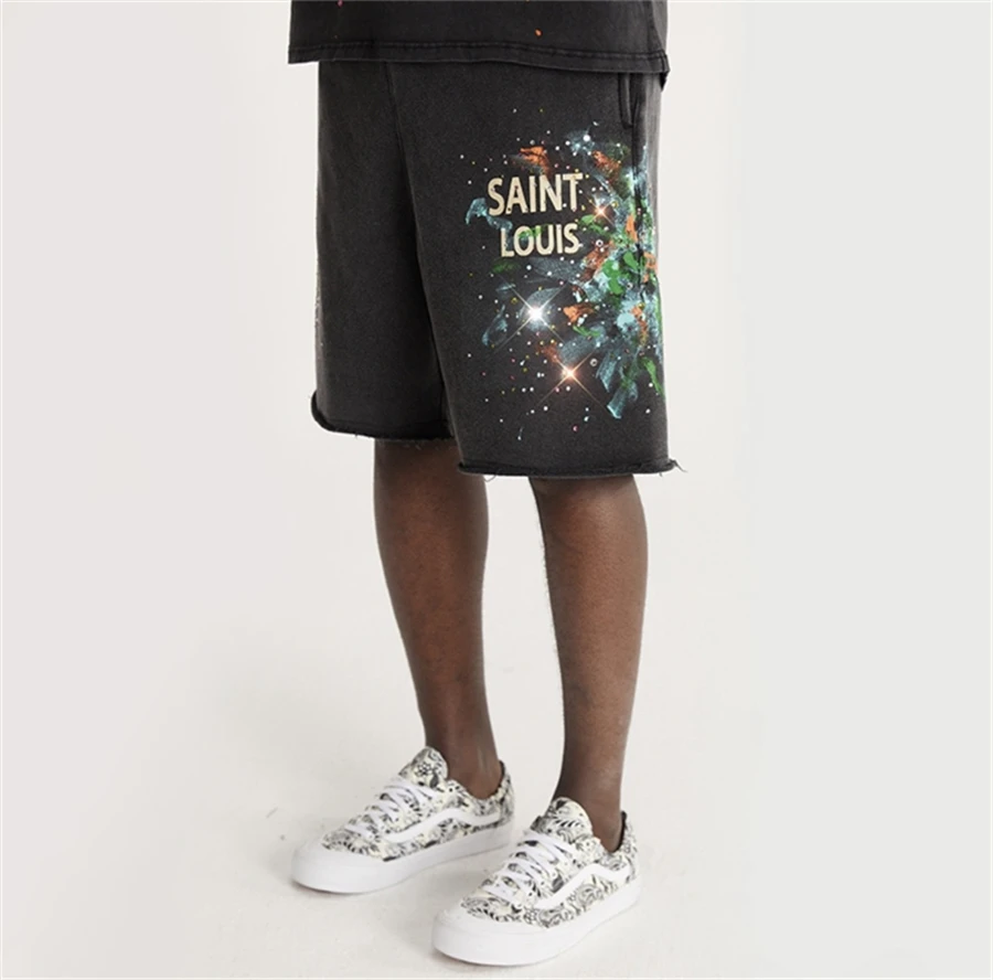 Vintage Sssaint Louis Inkjet Graffiti Diamond Washed Shorts High Street Casual Loose Sports Rock Hip Hop Men and Women Cotton