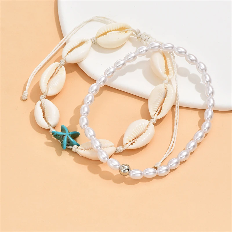 New Bohemia Starfish Conch Shell Beads Anklet For Women Double Heart Beaded Leg Chain Summer Beach Party Barefoot Sandal Jewelry