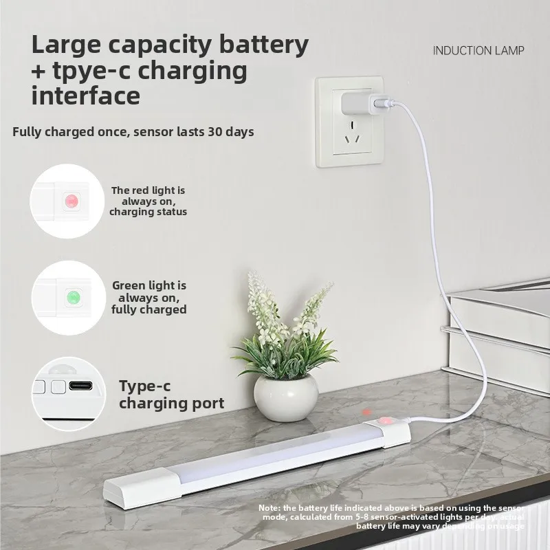 Intelligent Human Body Induction LED Light Strip Rechargeable Wireless Magnetic Self-Adhesive Cabinet Wardrobe Strip Light Strip