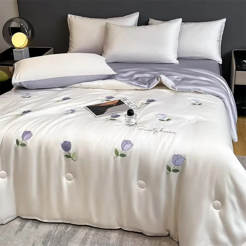 Bedding Set Premium Sense Full Embroidery Series Cool Sense Single and Double Washed Ice Silk Summer Quilt Four-piece Set