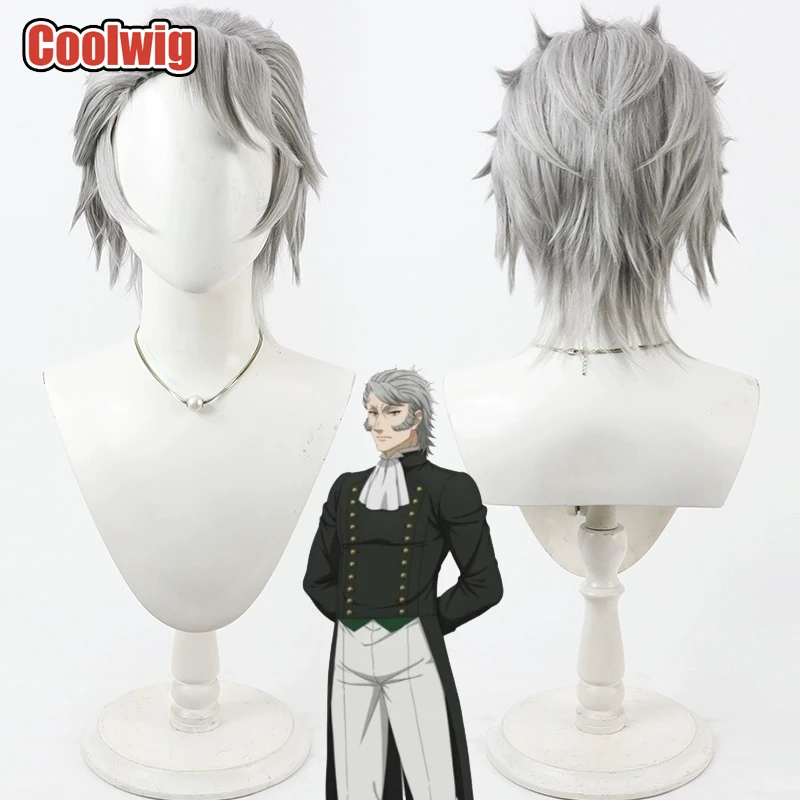 Coolwig Synthetic Hair Wolfram Geltzer Cosplay Wigs Black Butler Wolfram Geltzer 30cm Short Silver Gray Men Wig Heat Resistant