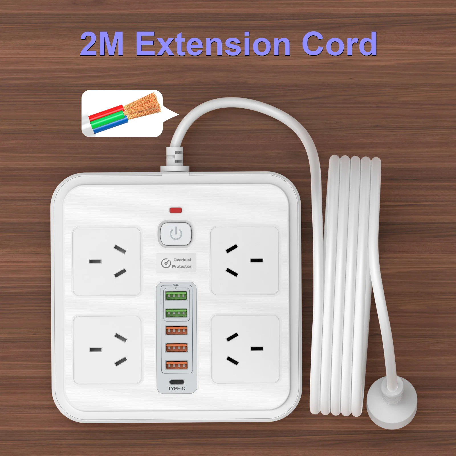 AU Plug power board with 5 USB ports 1 Type C port Power adapter socket Overload protection Network filter 2 m cable black White