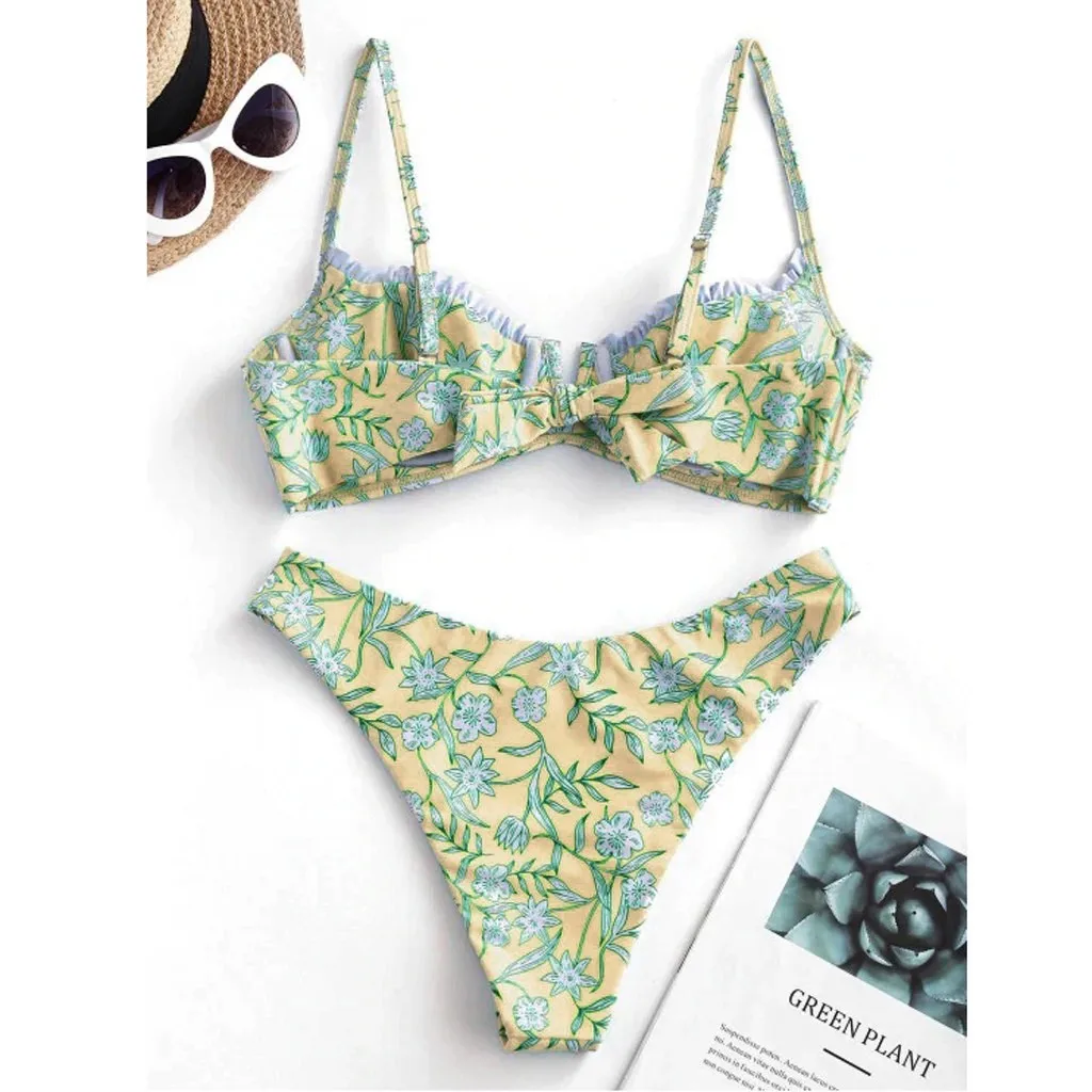 Sexy V Green Flower Print Bikini Set Swimsuit Women Y2k Two Piece Swimwear Luxury Tankinis Sets Spring Summer Beach Mujer Swim