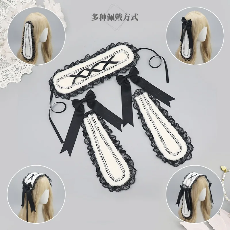Ribbon Bow Hairband with Hairpins Girls Lolita Ruffled Headband Cute Rabbit Ear headdress hair accessories maid headband