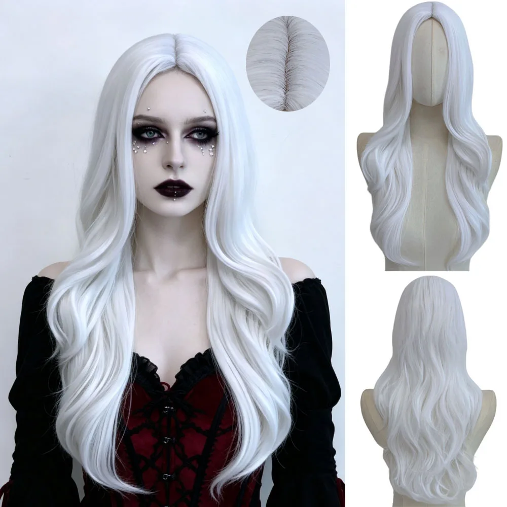 White large wavy synthetic wig - Halloween party cosplay dark vampire noble costume wig - daily high-temperature hairpiece