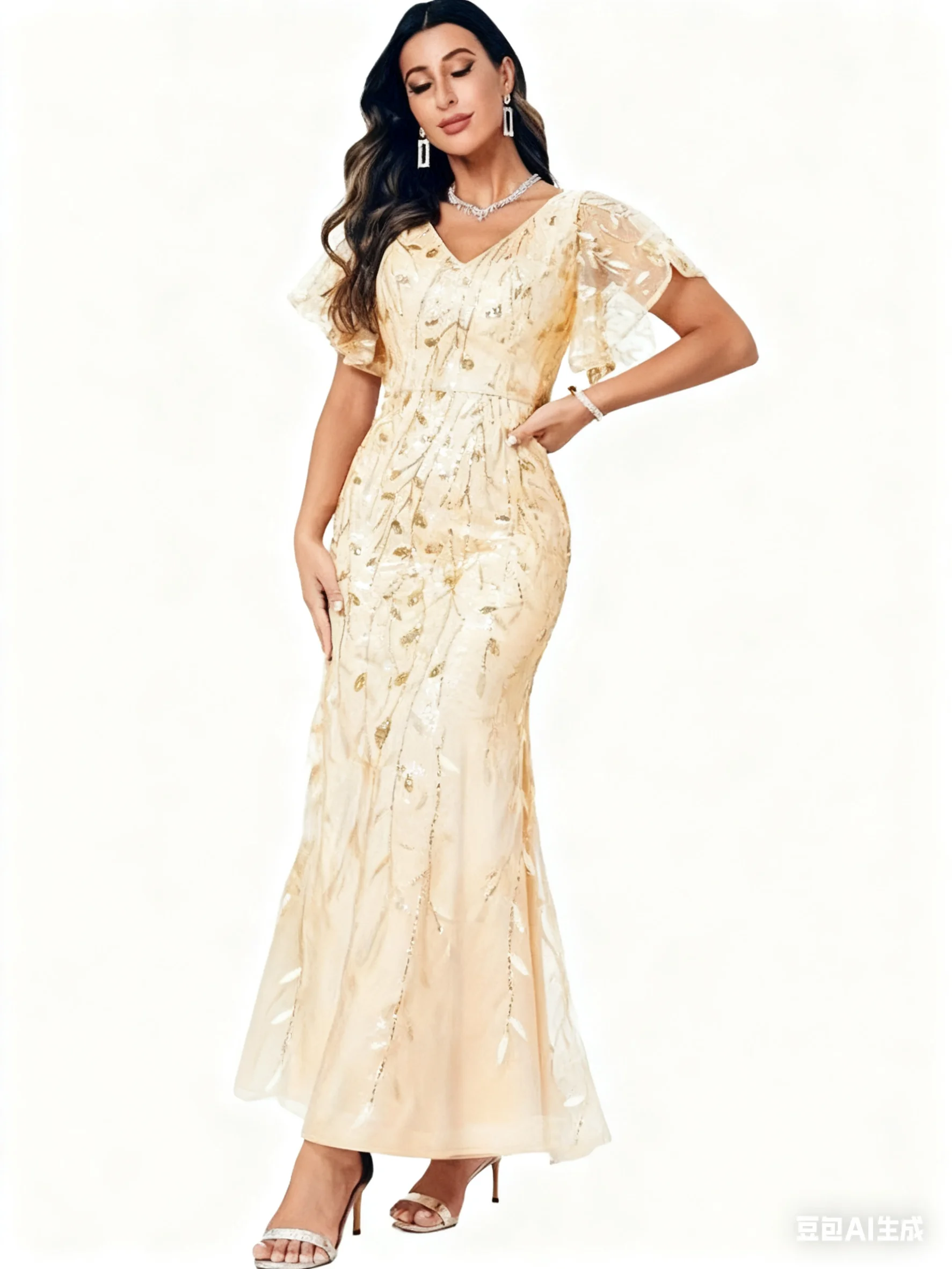 "Sequin Mermaid × V-Neck Design | Champagne Gold Evening Gown Maxi Dress, Easily Mastering Luxury Temperament for Banquets"