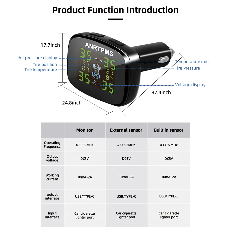 Yangood TPMS Sistema di monitoraggio della pressione dei pneumatici per auto 4 sensori dei pneumatici Allarme di sicurezza Spina accendisigari Ricambi auto