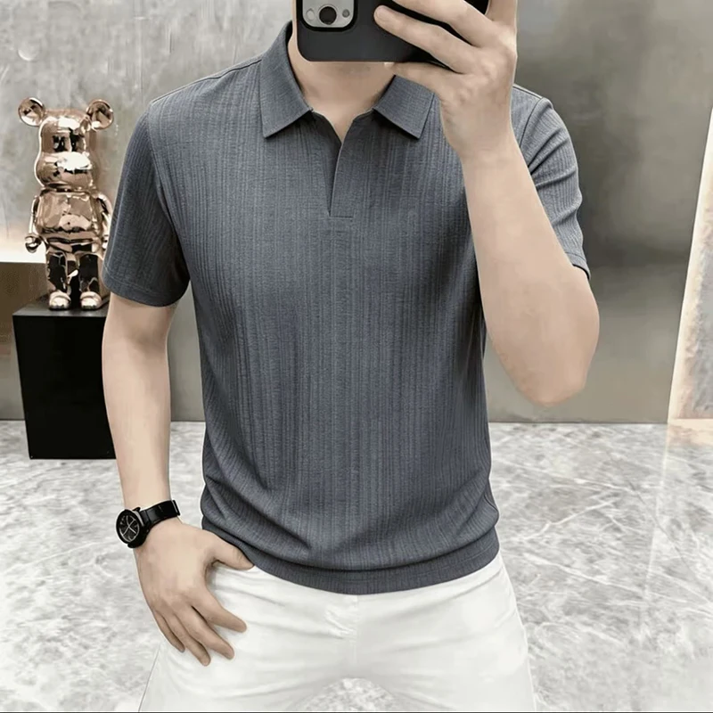 2026 Summer New Style Men's Slim-Fitting Breathable Vertical Stripes Silk Collar Knitted Business Casual Short-Sleeved T-Shirt P