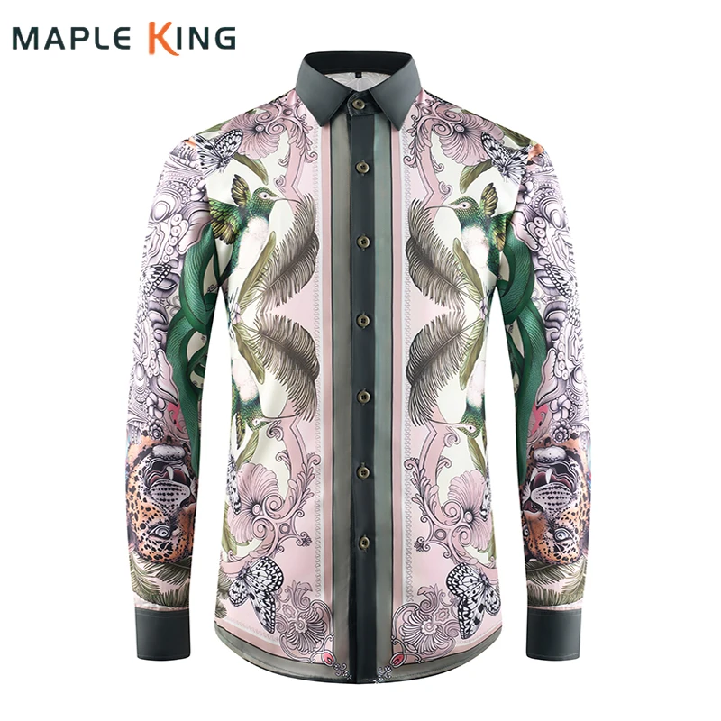 Wild Ethnic Style Long Sleeve Men Shirts Luxury Leopard Printed Casual Men's Shirt Fashion Brand Button Lapel Floral Blouse Man