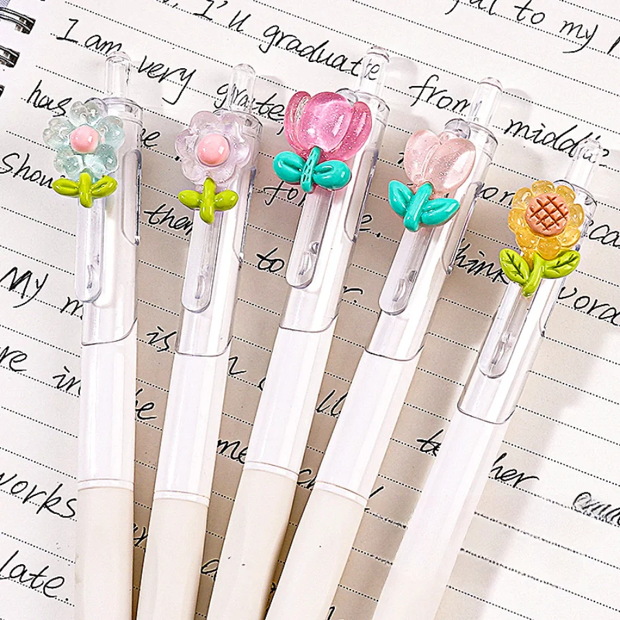 5 PCS Transparent flower Gel Pen Black Ink 0.5mm Quick Drying Ballpoint Pen Kawaii Pen Writing Tool School Office Stationery